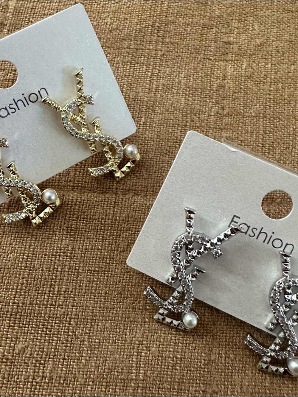 Rhinestone Stud Pearl Monogram Drop Earrings - Gold & Silver